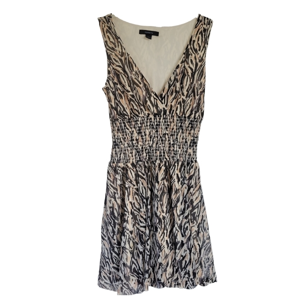 Express V-Neck Smocked Waist Mini Dress in Black, Cream, Brown